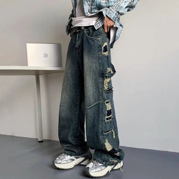 AIDASE  -  American Style Men's Jeans Trendy High Waist Washed Side Big Ripped Straight Wide Leg Design Fashion Denim Pants 21E7423 aidase-shop